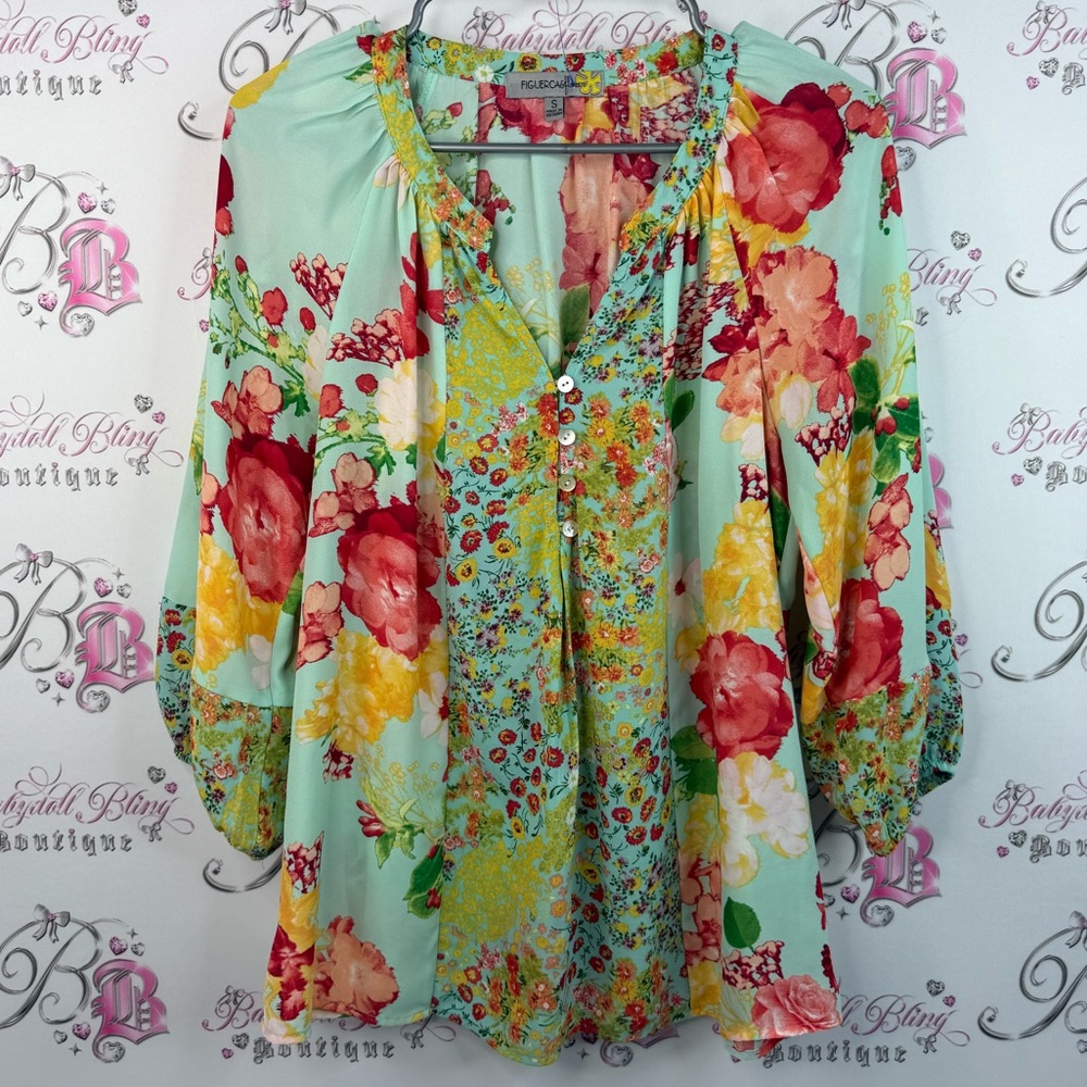 Figueroa & flower top blouse flowers flowy Floral Mint Button-Down Blouse